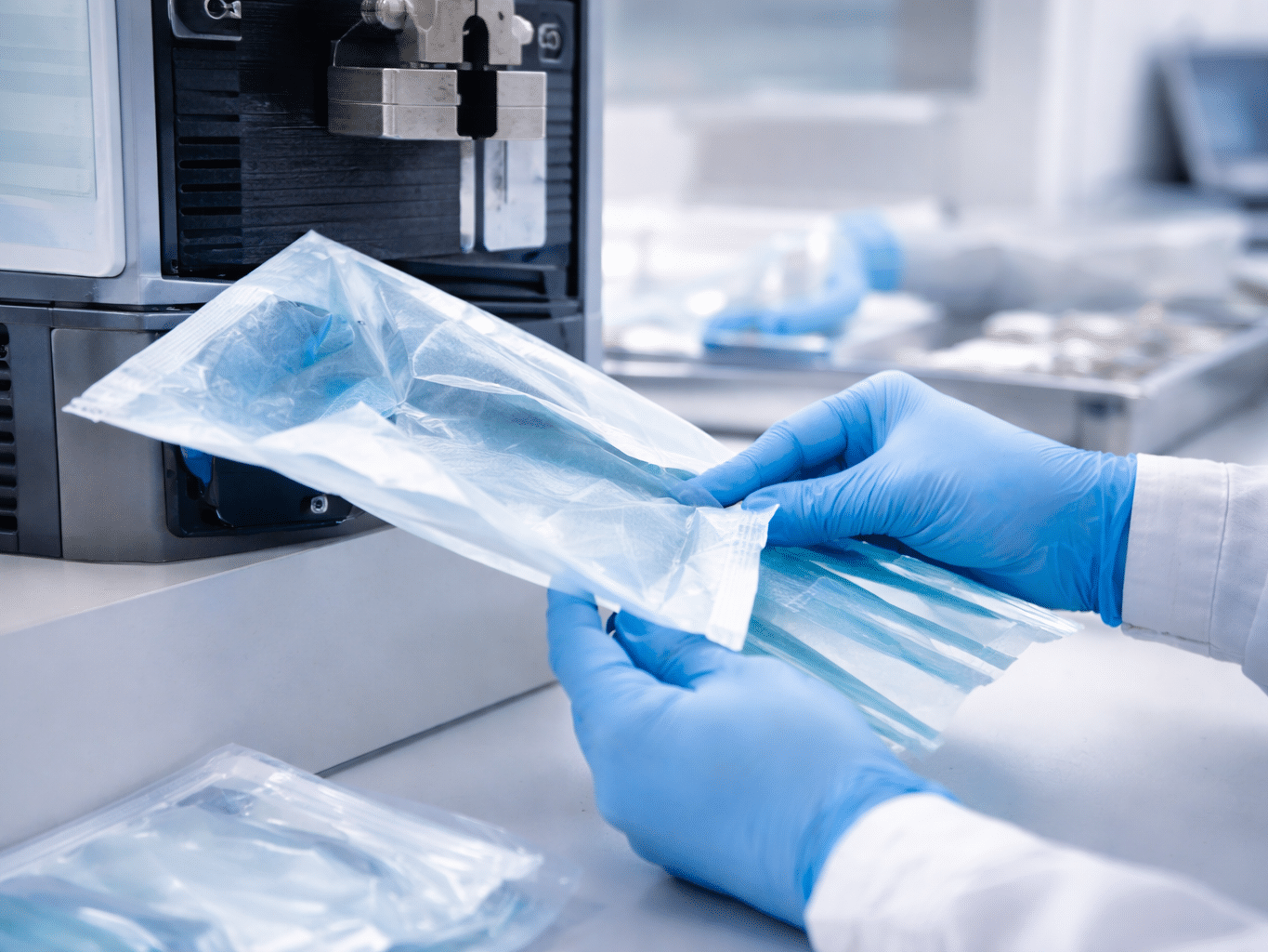 Technician testing a sterile barrier pouch for medical device packaging in a laboratory setting