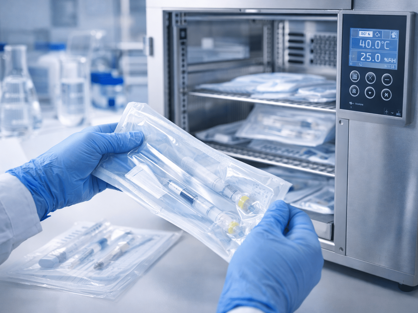 Technician inspecting sterile packaged medical device samples near a stability chamber during shelf life testing