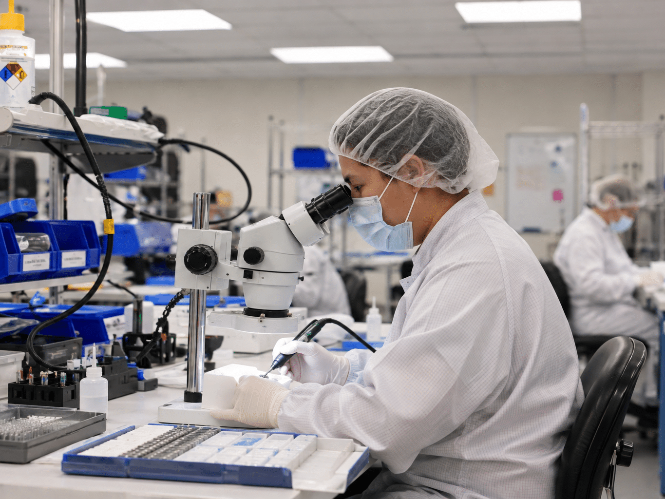Technician assembling a medical device in a cleanroom manufacturing environment