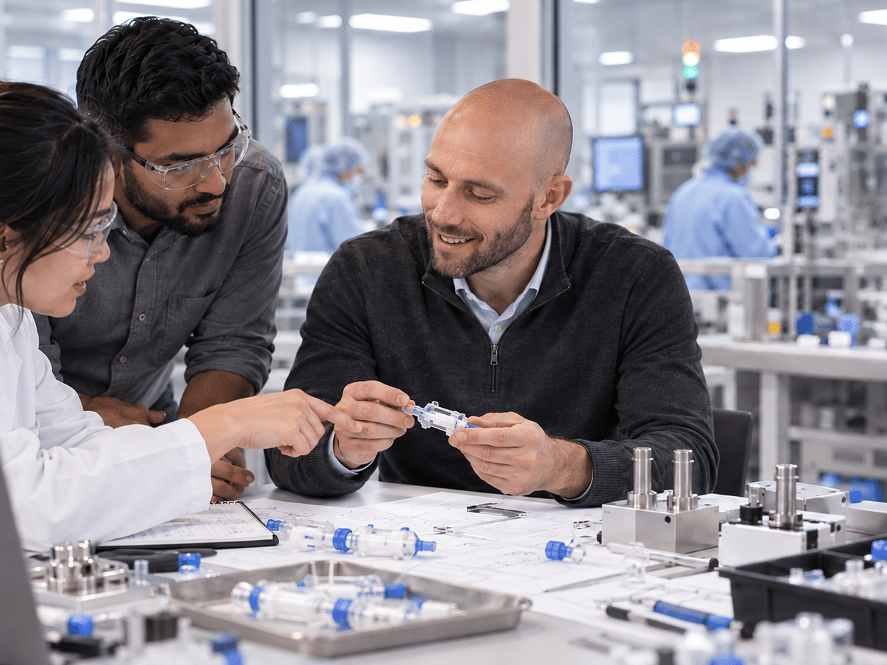 Pathway Medtech team reviewing a medical device during the transition from product development to regulated manufacturing.