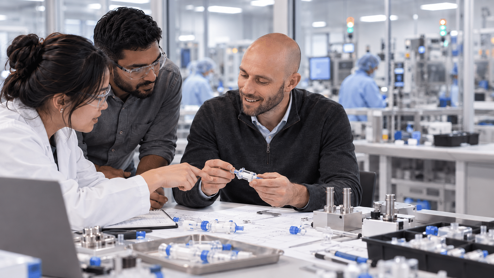 Pathway Medtech team reviewing a medical device during the transition from product development to regulated manufacturing.