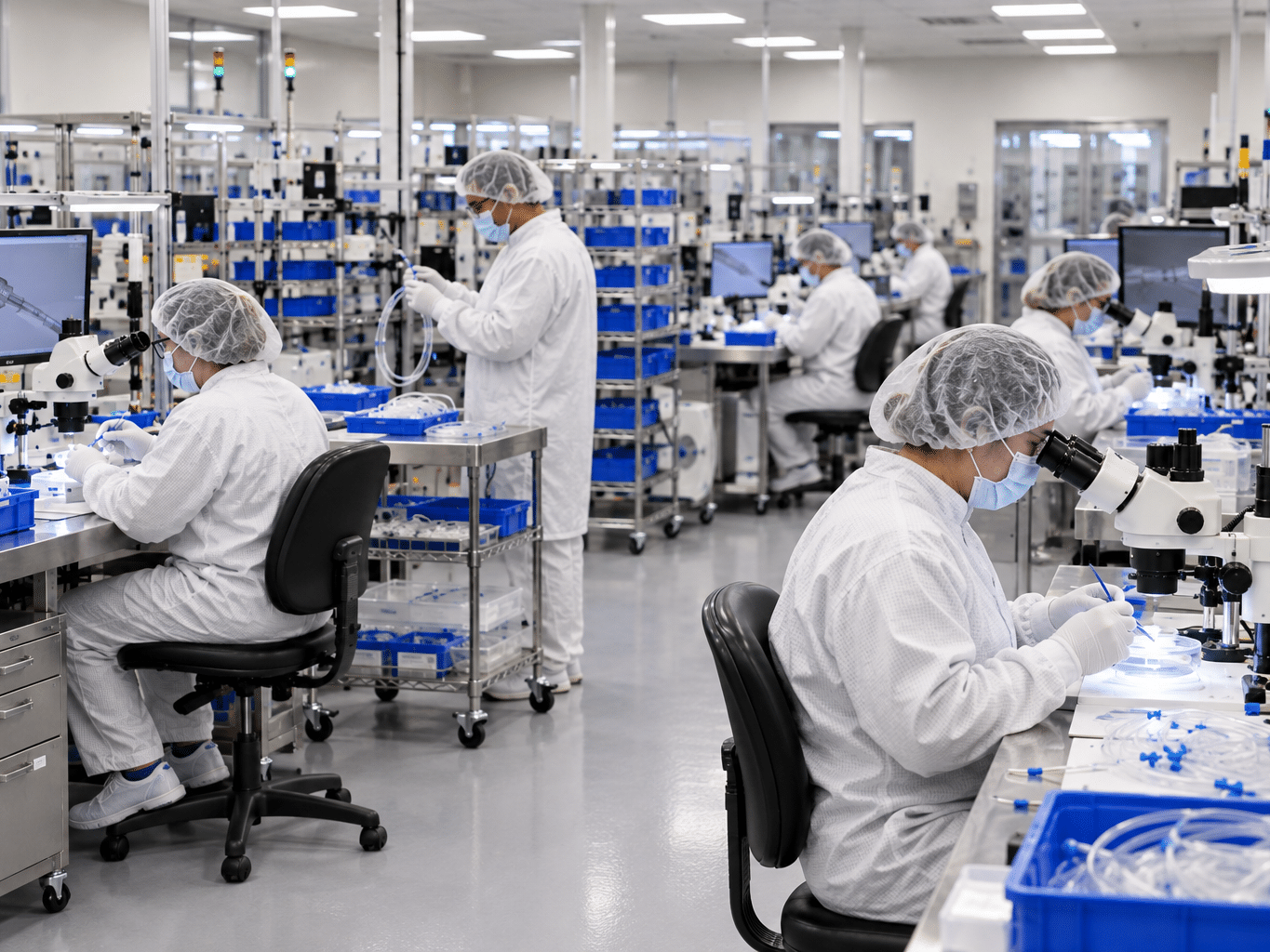 Medical device technicians performing precision assembly and inspection in a cleanroom manufacturing environment.