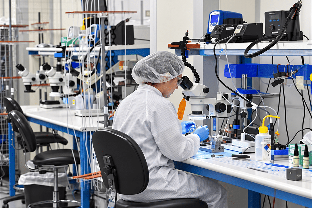 Medical device technician assembling catheter components using precision manufacturing equipment
