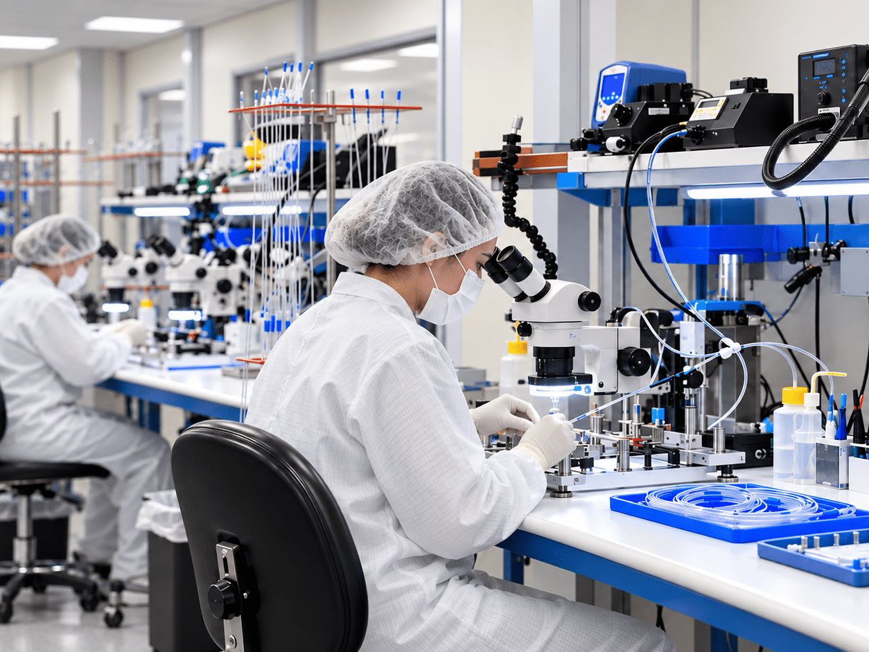 Pathway MedTech medical device manufacturing workspace featuring precision assembly stations, microscopes, and specialized equipment