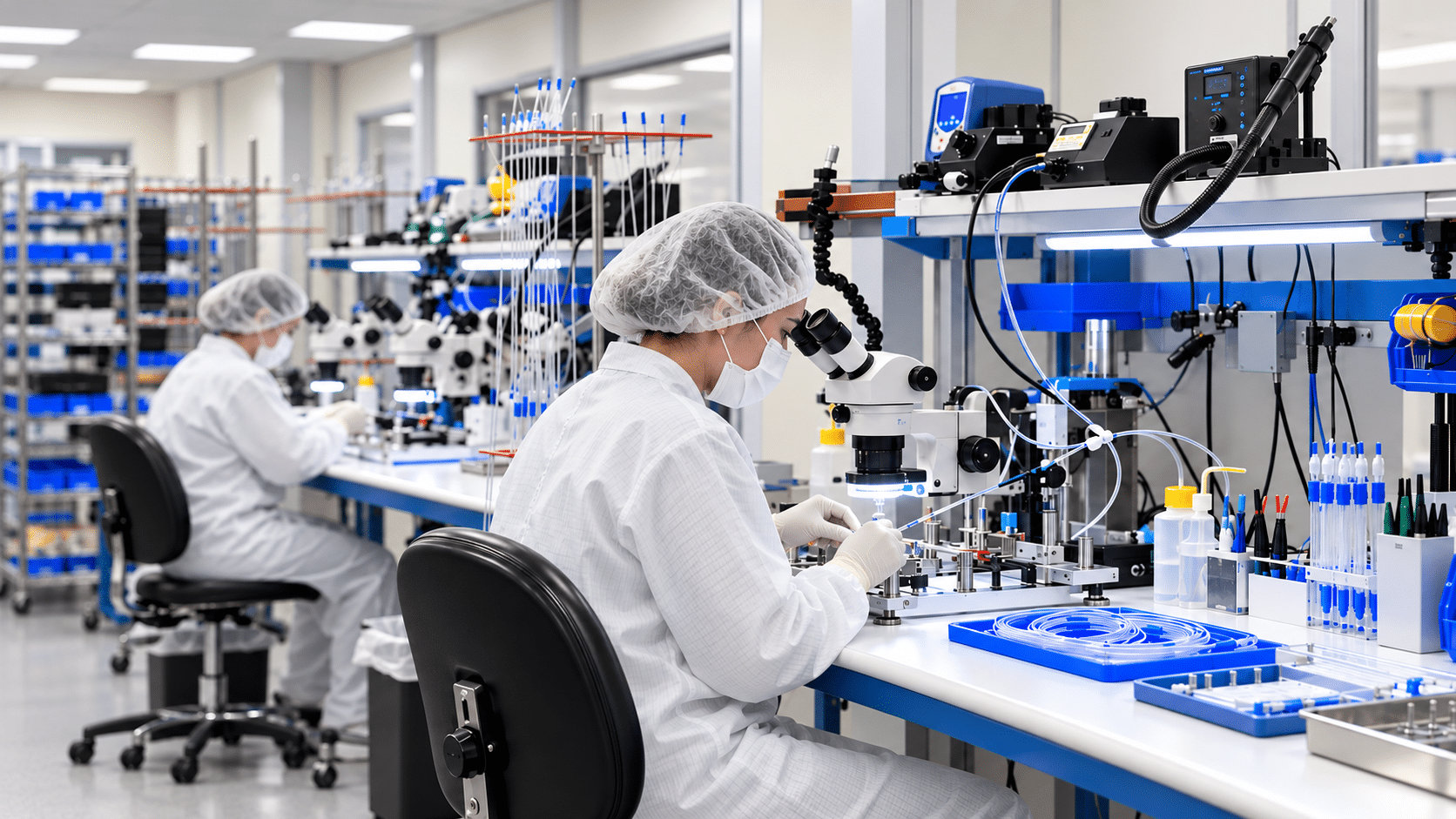 Pathway MedTech medical device manufacturing workspace featuring precision assembly stations, microscopes, and specialized equipment