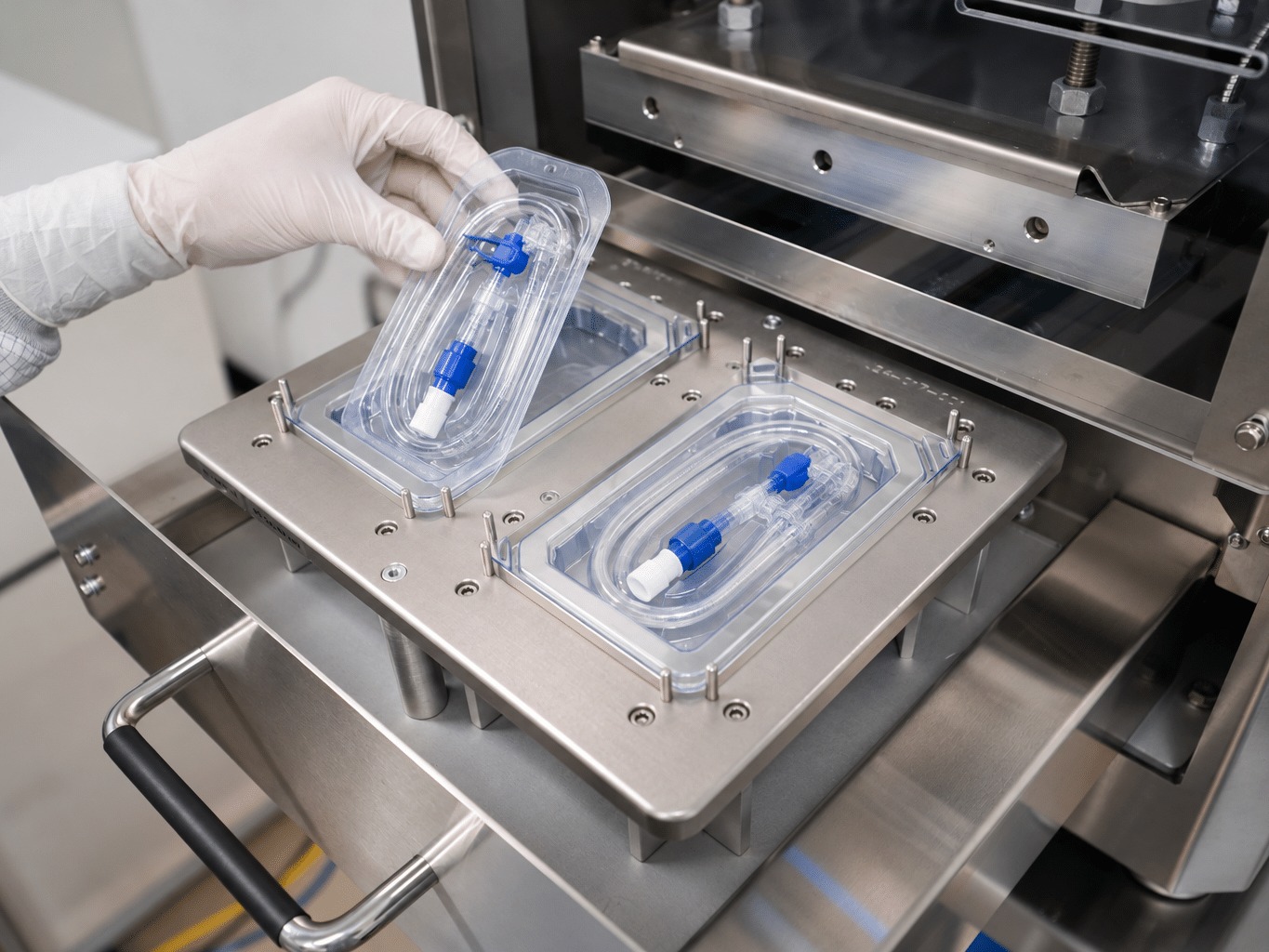 Medical device tray sealing and packaging in a controlled manufacturing environment.